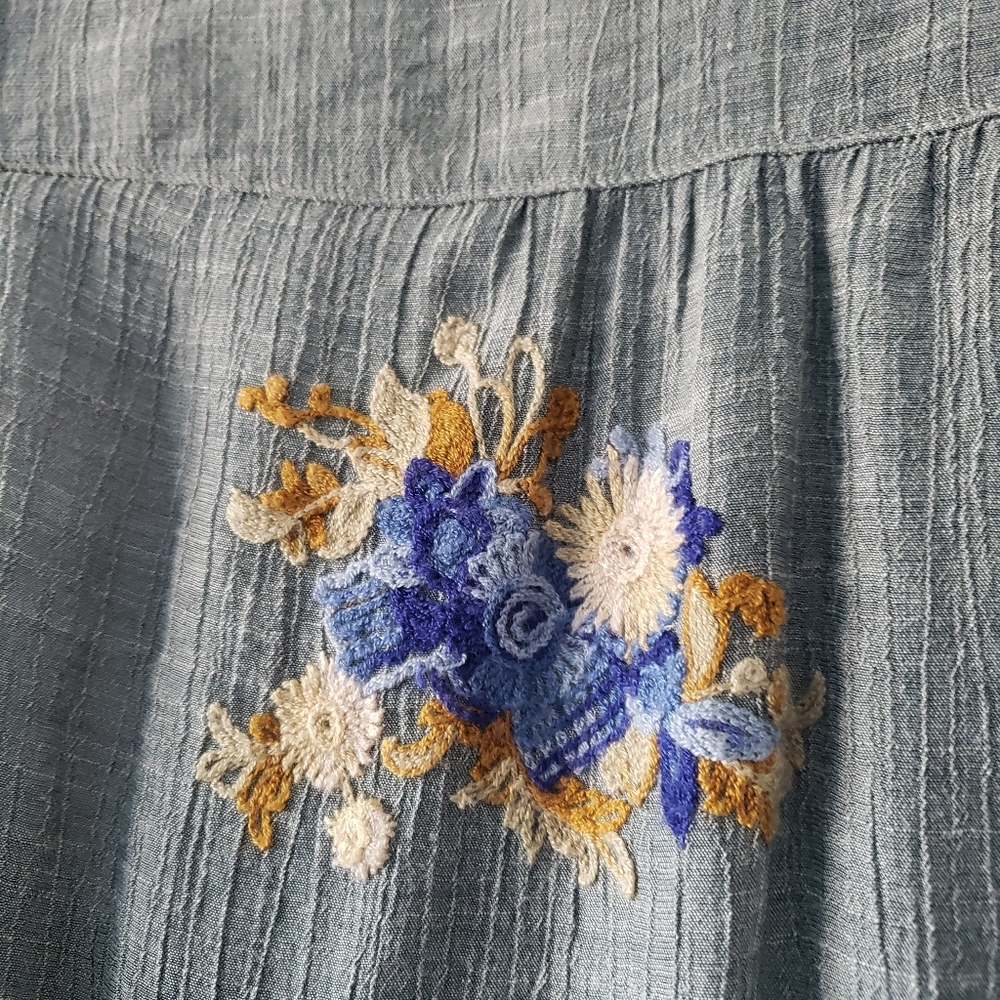 Anthro Fig and Flower Dusty Grey Blue Embroidered Collar Cottagecore Top #31 - Picture 5 of 9